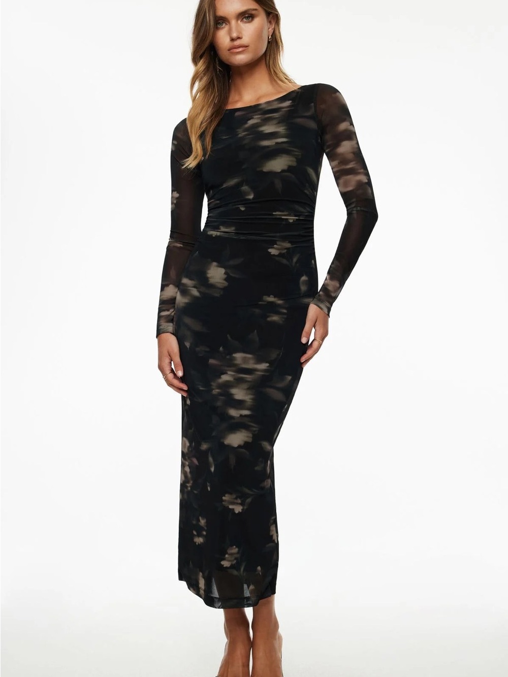 Long Sleeve Black Floral Mesh Dress Dynamite